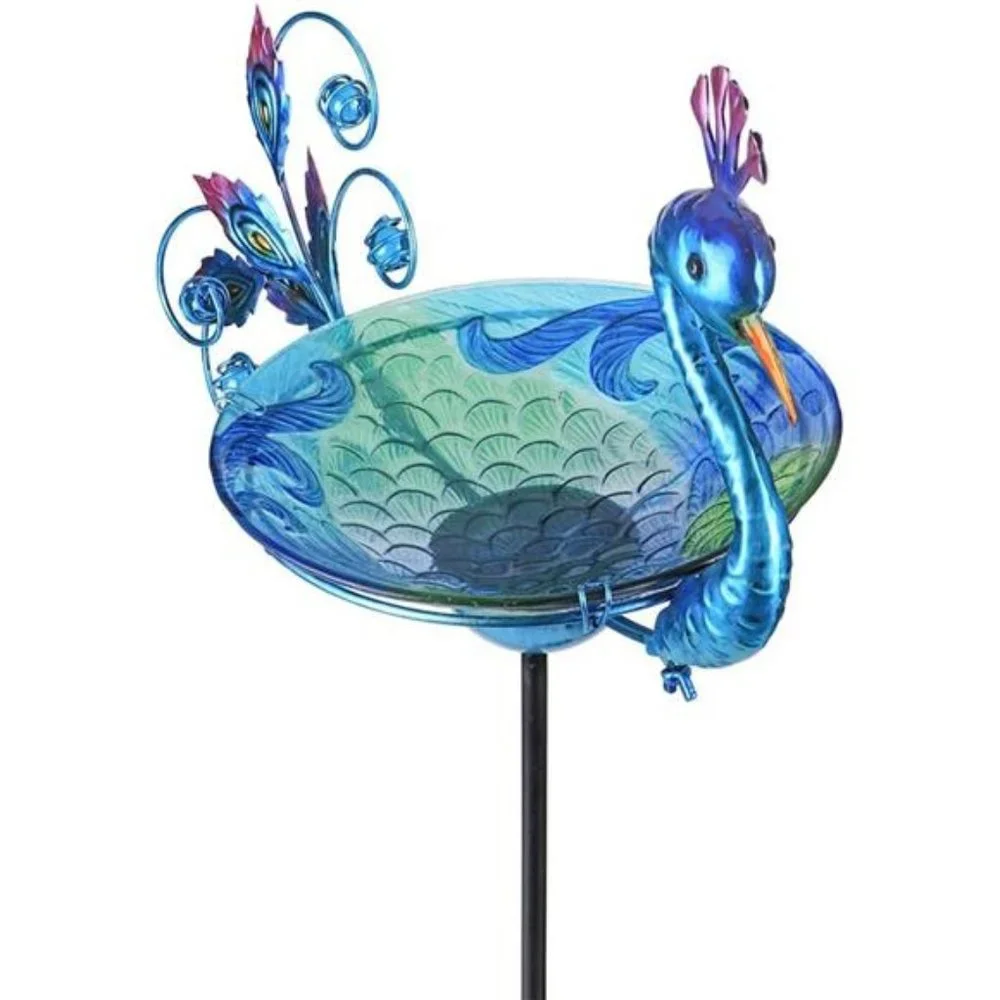 Outdoor Bird Bath Solar Birdbath Small Birdfeeder with Peacock Metal Stake